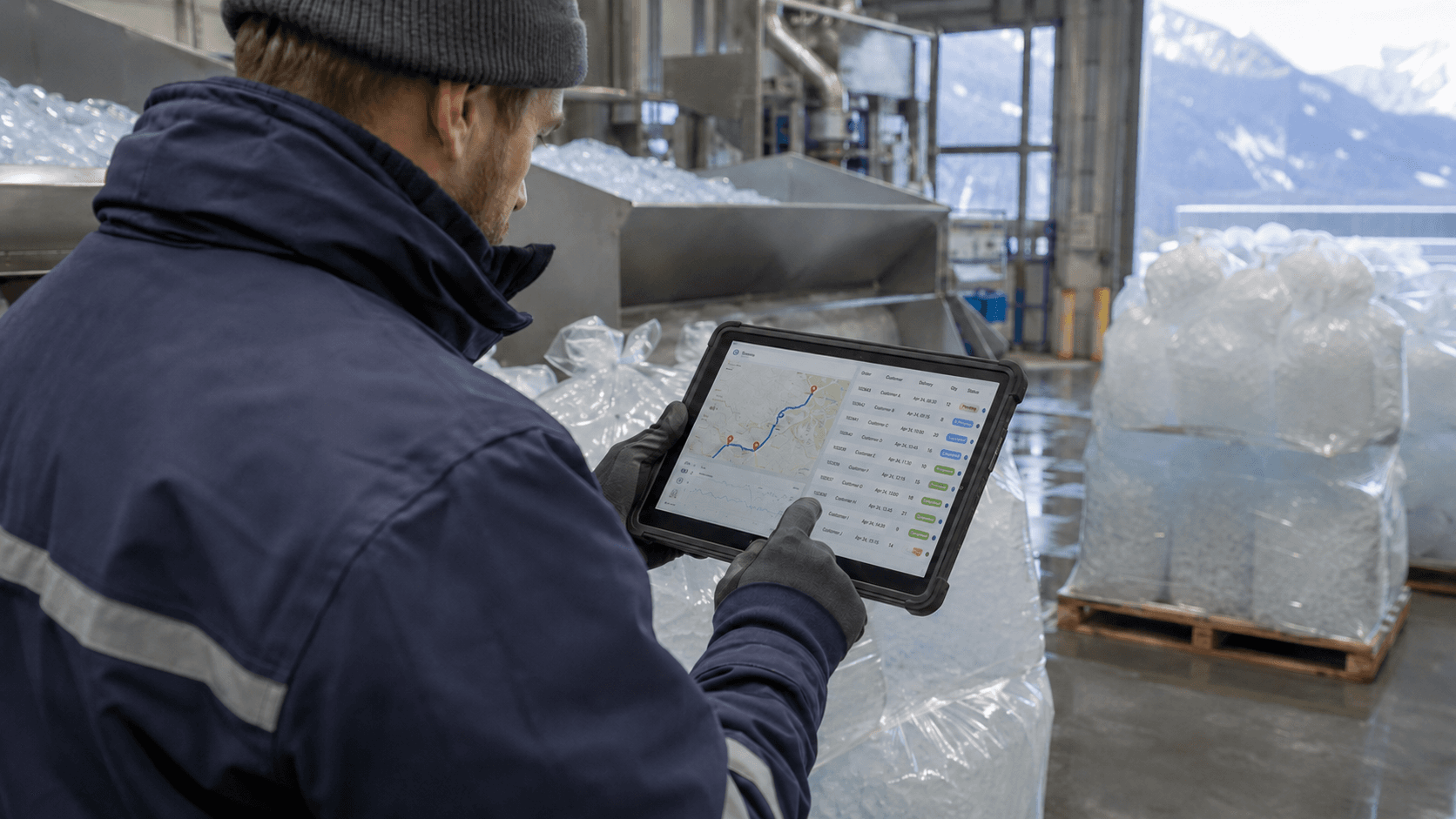 A worker in the Le Glaçon Suisse ice plant holding a tablet showing the dispatch view: a route on a map beside the day's orders with customer, delivery time, quantity and status.